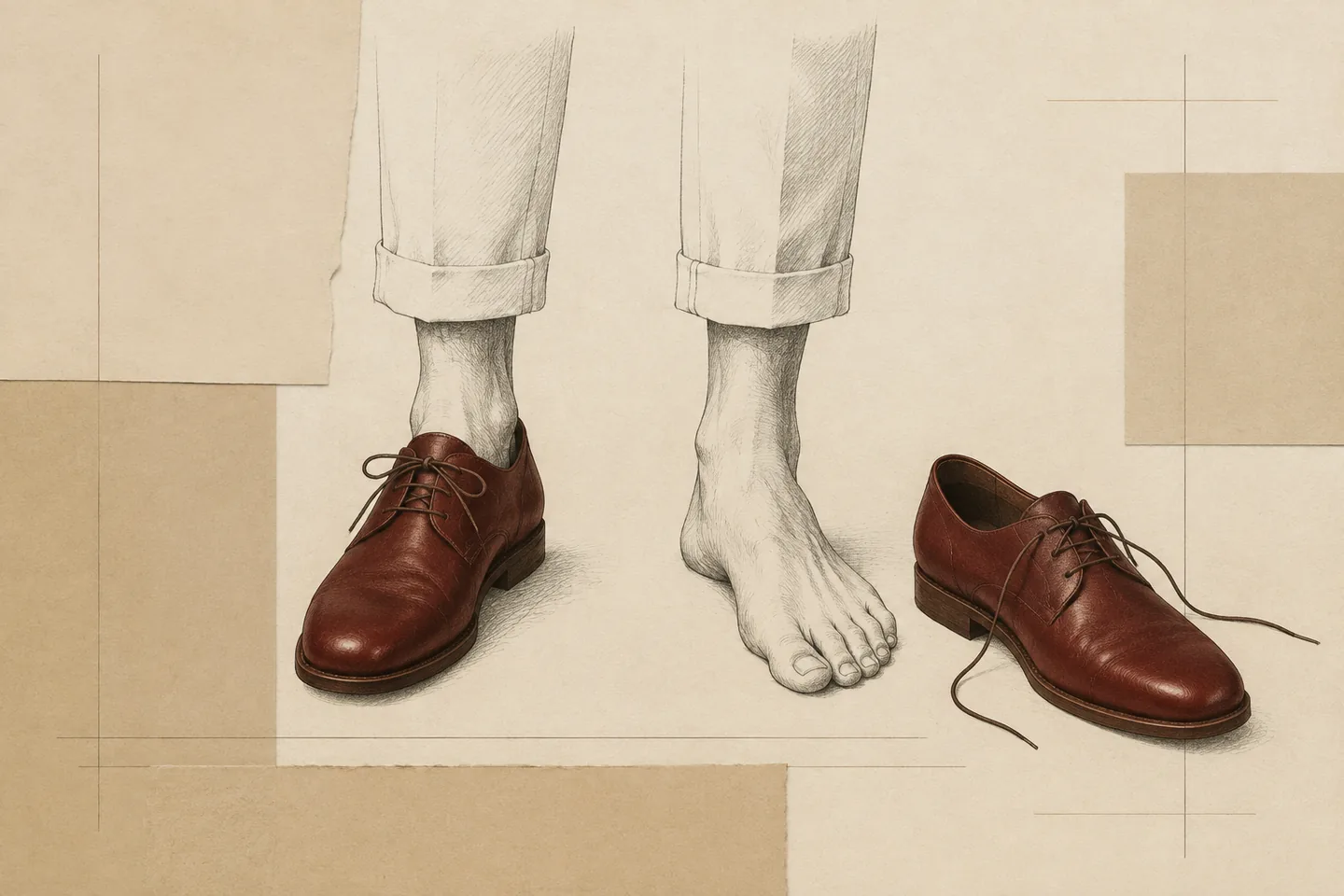 Graphite and oxblood illustration of cropped trouser legs with one lace-up shoe on, one bare foot, and the removed matching shoe on ruled warm paper.
